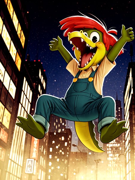 <lora:ArloIllustrious2-000040:1> solo, Arlo Beauregard, black eyes, alligator, red hair, freckles, scalie, young, overalls, yellow shirt, clothed, full length portrait, happy, new york city, city lights, times square, night, backlighting, low angle view, looking down at viewer, worm's eye view, jumping, arms up, dynamic, open mouth, fog, bokeh, realistic, fisheye lens BREAK
dutch angle BREAK
<lora:spo_sdxl_10ep_4k-data_lora_webui:1>, perfect quality, best quality, clear composition, absurdres, high resolution, newest (masterwork, masterpiece, hyper-detailed, 8k uhd)â