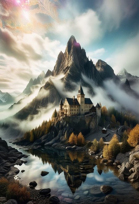 their peaks veiled in mist. mixed media, surrealism, great lighting, A surreal landscape highly detailed . extremely high-resolution details,  appears trapped in an optical illusion of reflections and refractions colorful , professional photography, natural lighting, GhostlyStyle, volumetric lighting maximalist. intricately detailed, complex, elegant, expansive, fantastical, film photography style,  medium grain, lthndrtrl