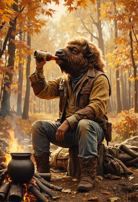 Anthropomorphic American bison drinking beer from a bottle, head slightly tilted back, sitting on a stump in a serene autumn forest during golden hour. He's dressed in classic Wild West cowboy attire: worn brown cowboy boots, tattered and dirty light blue jeans, a faded and stained yellow shirt with rolled-up sleeves, a brown leather vest, and a dirty blue bandana tied around his thick neck. His fur catches the warm, golden sunlight as he relaxes. In front of him, a campfire crackles with a large pot of food simmering over it, casting a soft glow. Nearby, a bedroll and various cowboy gearâsuch as a saddlebag and ropeâare scattered on the ground. The forest around him is filled with autumnal hues of orange and red, with leaves gently falling. Cinematic shallow depth of field, bison in sharp focus, background softly blurred with bokeh to emphasize the subject, medium close-up shot capturing him from the chest up, high-angle shot looking slightly down to frame him against the glowing fire and forest floor. <lora:ral-anthropomorphic-flux:1>,  <lora:Flux-Enhancer:0.8>, Anamorphic bokeh style <lora:Anamorphic bokeh v2:0.6>,  <lora:FluxDFaeTasticDetails:0.5>, in the style of Jed-clrfl <lora:flux-colourful:0.4>