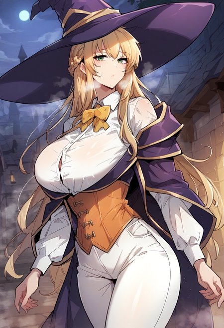 score_9, score_8_up, score_7_up, score_6_up, source_anime, rating_explicit, 1girl, solo, huge breasts, <lora:Jesse Hinenes prefectPonyxl:0.85> blonde hair, green eyes, long hair, french braid, witch hat, purple hat, purple coat, white shirt, collared shirt, yellow bowtie, long sleeves, orange corset, white pants, expressionless, Narrow shoulders, heavy breathing, steaming body, night, dungeon, outdoors, standing, looking at viewer