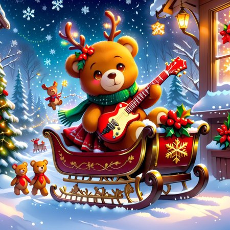 xmastedx,Festive,(masterpiece, best quality:1.2), holiday teddy bears, electric guitars, sleigh ride, parade leaders, winter wonderland, teddy bears with colorful scarves, playing electric guitars while riding a sleigh through a snow - covered forest, leading a winter parade with reindeer and elves following, snowflakes gently falling, bright holiday lights strung up in the trees, festive music in the air, creating a magical and cheerful atmosphere.