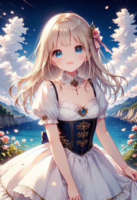 score_9, score_8_up, score_7_up, 1girl, ChiguchiMP, masterpiece, best quality, ultra high res, smiling, happy, (detailed eyes:1.2), there is a woman in a white dress, artwork in the style of guweiz, guweiz on pixiv artstation, guweiz on artstation pixiv, guweiz, fantasy art style, guweiz masterpiece, beautiful and elegant queen, beautiful character painting, detailed digital anime art, blonde - haired princess, White hair, sky blue eyes, pink lips