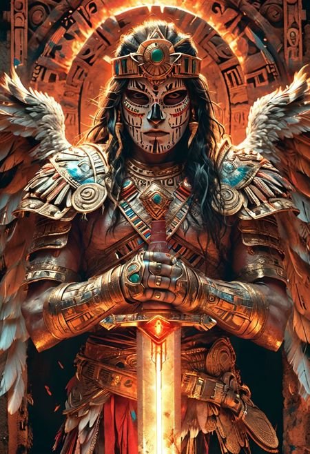 man  stands,native Aztec inspired, ancient Aztec empire, edgy elements,  ancient american azetc ,Quetzalcoatl inspired , gothic accessories, incorporating traditional american inca
 ,,holding a  sword,mask,colorfull,glowing ,,character,vibrant colors and depth, showcasing