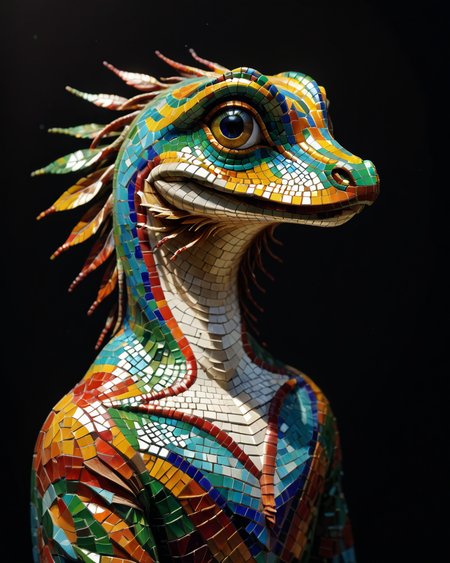 score_9, score_8_up, score_7_up, intricate details, rating_safe,
 <lora:MosaicStyle:1>,
1boy(Mosaic, made from colored stone pieces, 
gecko, 
full body, looking at the viewer, solo, smiling), black background, 
<lora:ral-chrosc-clr:0.3>, ral-chrosc-clr,
<lora:xl_more_art-full_v1:0.3>,
<lora:add-detail-xl:0.3>