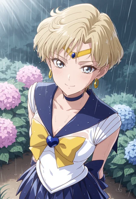 masterpiece, best quality, 1girl, solo, very short hair, blonde hair, small breasts, , outdoors, garden, sunlight, day, bush, hydrangea, (rain), wet, arms behind back, blue eyes, sailor uranus, yellow earrings, crescent earrings, circlet, sailor senshi uniform, magical girl, blue choker, blue sailor collar, yellow bow, elbow gloves, blue skirt, pleated skirt, blue back bow, grass, flower, pink flower, from above, wet clothes, wet hair, dutch angle, see-through, wet shirt, wet skirt, looking at viewer, blush, smile, closed mouth