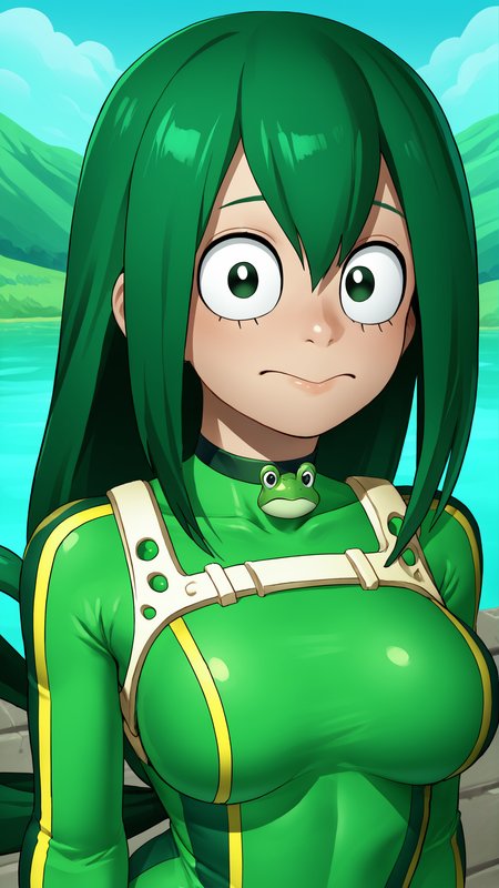 <lora:edgChokersPonyv1:0.8> edg_choker, a woman wearing a (frog) choker, edg_choker around the neck,  <lora:Tsuyu_Asui_Pony:0.8> Asui_Tsuyu, 1girl, green hair, bodysuit, lake,, score 9, score 8 up, score 7 up, score 6 up, score 5 up, score 4 up,