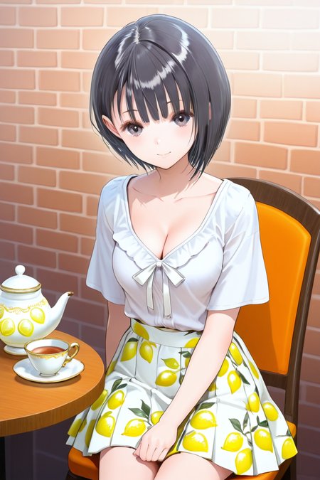 <lora:Shirai_Hinako_Blue_Reflection_illus:1>Shirai Hinako, lemon print skirt, casual outfit, 1girl, solo, looking at viewer, short hair, bangs, skirt, shirt, black hair, cafe background, closed mouth, sitting on the chair, table with sponge cake teapot and cup of tea, collarbone, white shirt, short sleeves, cowboy shot, medium pleated skirt, food, black eyes, gradient, fruit, bob cut, white skirt, lemon print skirt, anime color, cleavage, seductive smile, young-adult,  <lora:Add_more_details_pony:0.8> brick wall,