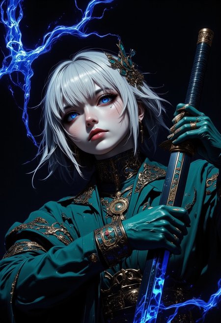 (nistyle, ajhafa, hair over face, pinkdarkfantasy, Niji_anime, Dragon Samurai) A hyper-detailed anime artwork of JunjiIto.hanna, featuring short silver hair in a floating French bob cut, exuding an ethereal, unsettling presence. She wears intricate Persian-inspired emerald ornaments and avant-garde clothing, crafted with meticulous digital inking and textured shading in Clip Studio Paint, capturing a chilling cinematic atmosphere. Long pale lavender bangs partially obscure her hollow, pupil-less eyes, gazing upward with a vacant stare. She wears a Japanese school uniform beneath an oversized deep teal overcoat, adding mystery and foreboding. In mid-motion, she draws a gleaming katana, droplets and fine cobalt mist arcing outward from the blade, suggesting intense movement without revealing its source. The cobalt mist contrasts against a deep violet-to-black gradient background, heightening the surreal ambiance. Shot from a high-angle perspective with a 100mm virtual prime lens, f/2.8 aperture, ISO 50, for shallow depth of field and ultra-fine clarity, the composition emphasizes her otherworldly presence. Dramatic shadows and fine grain add texture. Inspired by Junji Ito’s distinctive unsettling style, the piece captures a moment frozen in dreadful suspense.