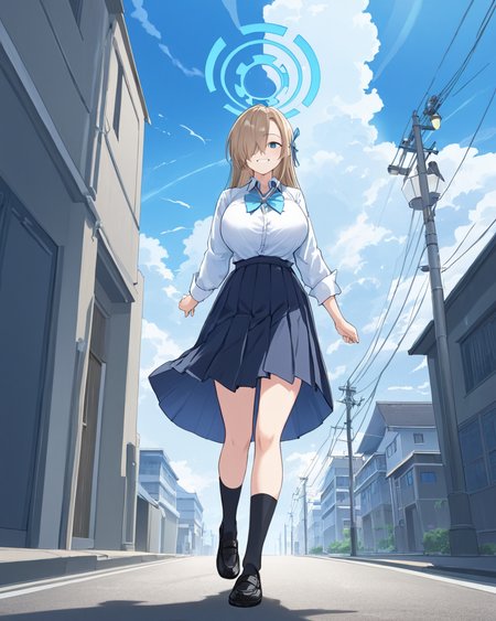 asuna \(blue archive\),1girl, solo, outdoors, hair_over_one_eye, full_body, looking_at_viewer, grin, school_uniform, white_shirt, black_footwear, large_breasts, v, collared_shirt, blue_bowtie, black_skirt, pleated_skirt, long_sleeves, utility_pole, black_socks, from_side, building, power_lines, standing, cloud, loafers, street, lamppost, shirt_tucked_in, walking, blue_sky
<lora:asuna_(blue_archive)_image5035_2023-11-25-000008:1>halo. gorgeous,key visual, vibrant, studio anime,award-winning, professional, highly detailed,high budget, cinemascope