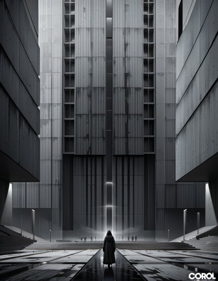horror-themed Wide angle digital illustration, (Modern very tall building in brutalist style touching the sky:1.3), Vertical lines facade, Recessed rectangular windows, (Black and white contrast:1.2), Symmetrical streetlights, Antenna-like design, (Small human silhouettes:1.3), Grand entrance, Open plaza, Dark background, (Ghost portal in sky:1.3), Soft front lighting, White reflections, Stark atmosphere, Inspired by 33 Thomas rendering.
Masterpiece,best quality,hi res,8k,hi res,8k,award winning,(sharp focus, intricate, highly detailed), <lora:Brutalism:1> Brutalism <lora:EdobHorrorLandscape_XL_v1.0:1> EdobHorrorLandscape, eerie, unsettling, dark, spooky, suspenseful, grim, highly detailed