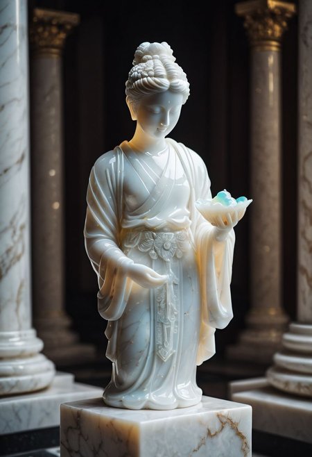 Fujifilm XT3, Sony A7 IV, (award winning photography) a (white: 0.89) marble (figurine) made of opal (Kintsugi: 0.89) set on a pedestal in temple, glistening. in the background beautiful pillars, divine (iridescent: 0.79), opalescent textures, volumetric light, ethereal, sparkling, studio photo, highly detailed, sharp focus (highest quality: 1.39) (highest coherency: 1.39) (award winning photography), highly detailed photography, (muted colors, cinematic, dim colors, soothing tones:1.2), vibrant, insanely detailed, hyperdetailed, (dark shot:1.2), (vsco:0.3), (intricate details:0.9), (hdr, hyperdetailed:1.2) (vignette), sss, raw photo, fijifilm, kodak, cinematic film grain