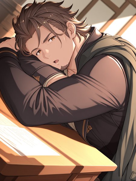 granblue fantasy, 
1boy, mature male, male focus, solo, (goatee stubble:0.75), head on arm, arm rest, sitting, looking at viewer, jacket over shoulder, looking at viewer, :o, desk, shadow, dutch angle
,masterpiece,best quality,amazing quality,