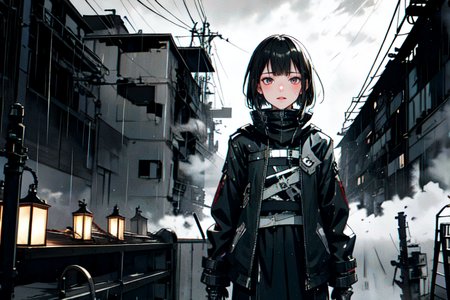 highly insanely detailed, masterpiece, top quality, best quality, highres, 4k, 8k, RAW photo, (very aesthetic, beautiful and aesthetic),  
tsutomu nihei,nihei_tsutomu,blame!,blame gakuen!,abara,TNstyle,sidonia_no_kishi,fog,steam,smoke,foggy,star \(sky\),starry sky,dark sky,black sky,cables,tubes,industrial pipes,bones,gauna,gauna mech,drainpipe,air conditioner,clouds,concrete walls,metal walls,lantern,toha heavy industries,walkway,buildings,letterboxed,dome,fence,light particles,machinery,ventilation fan,ventilation shaft,tentacles,wire,bridge,dystopia,destroyed, 
<lora:ABARA:0.5>, 
(1girl:1.3), 
solo focus, 
flare,fog,wet,wet body,rain,raining,night,neon lights,twilight,âââ