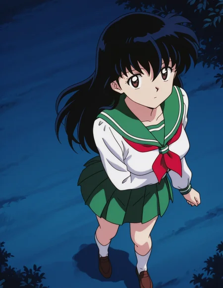 official style,Higurshi kagome (2000s anime analog),retro artstyle,black hair,long hair,bangs,brown eyes,school uniform,serafuku,green sailor collar,red neckerchief,white shirt,green pleated skirt,white socks,brown footwear,1girl,
(from above:2.5),
looking at viewer,
medium large breasts,
perky breasts,explicit,hair between eyes,(bold:3.12),thick outline,black outline,harsh lines,soft lines,deluster,boldline,curvy,slim,(hat:-1),
expressionless,
(anime screencap),(anime coloring:1.2),anime screenshot, animated painting, animated gif,2d cel anime,anime cap,anime,anime style,anime cel,Cel shading,cel shaded,soft brightness,perfect face,perfect nose, perfect hair, perfect eyes,perfect female body,perfect skin,a face of perfect proportion,perfect lighting,perfect anatomy,perfect proportion,perfect hands,perfect legs,perfect fingers,masterpiece,super fine illustration,best quality,very aesthetic,absurdres,16k,intricate detail,amazing quality,detailed linework,vibrant colors,kawaii,flat color,forest,night,
 <lora:ç¬å¤åæ¥æ®ããã2000å¹´ä»£ã¢ãã¡ã¢ãã­ã°ä½ç»é¢¨illustriousInuyashaHigurashi_Kagome2000s_anime_analog_painting_Styleillustrious:1:0.8>