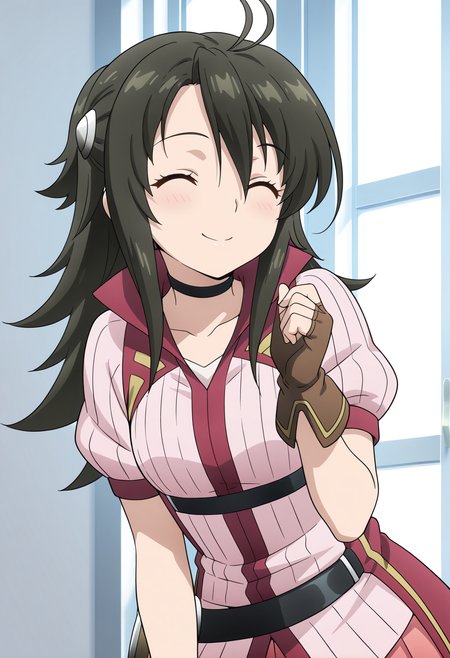 masterpiece, best quality, very aesthetic, absurdres, 1girl, solo, official style,
<lora:adeltrud_walter_v01:0.9>, adeltrud_walter, black hair, long hair, ahoge, half updo, brown eyes, breasts,
hair ornament, choker, shirt, puffy short sleeves, fingerless gloves, belt, pink skirt, pleated skirt, smile, closed eyes, light blush, posing, upper body