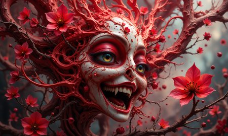 masterpiece, hyper realism, a high-resolution photograph, golden ratio, dutch angle, dynamic, side view, asymmetry, contrasting, unique, enigmatic, Vibrant Cherry Red Cherry Blossom