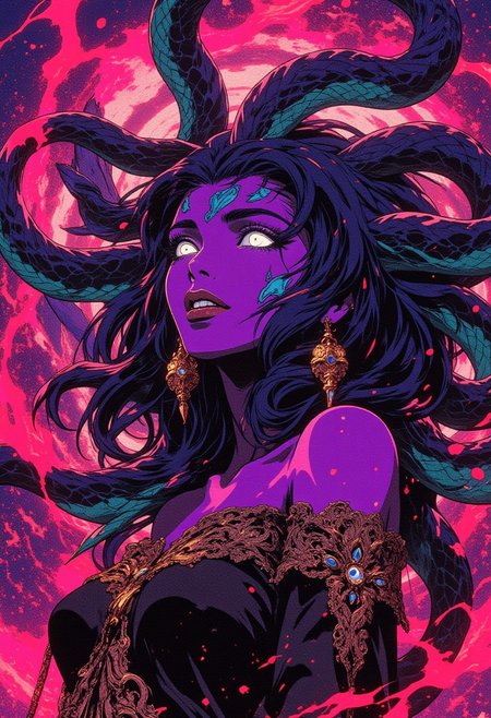 view from below, score_9, score_8_up, semi-realistic, fantasy style, 1girl, (very pretty woman medusa), innocent sinister, dark pink purple cyan wild hair of snakes, ((glowing neon white eyes)), purple skin, bare shoulders, exquisite black lace intricate gilded robe, epic, luscious lips, wry sinister smile, fangs showing, priestess, demonette, medium breasts, looking at viewer, tilted head, beautiful, twisted, feminine, dynamic, (swirling corrupted magic energy), shaft head tilt, full body shot, pink purple cyan,  fantasy illustration, semi-realistic, anime style, source_Cartoon,