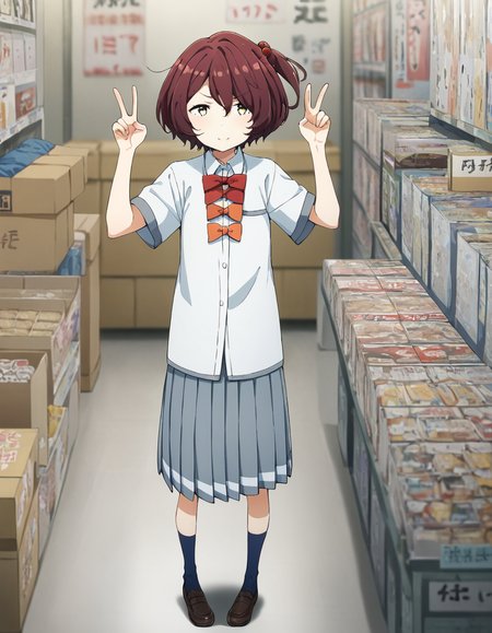 score_9, score_8_up, score_7_up, source_anime, BREAK
1girl, solo, looking at viewer, blurry background, indoors, storage room, boxes, standing, straight-on, full body, v pose,
chika komari, brown hair, short hair, hair bobbles, hair between eyes, one side up, yellow eyes,
school uniform, white collared shirt, short sleeves, red bow, orange bow, grey pleated skirt, (long skirt:0.8), blue socks, brown footwear
<lora:chika_komari_anime_v3-soralz:1>