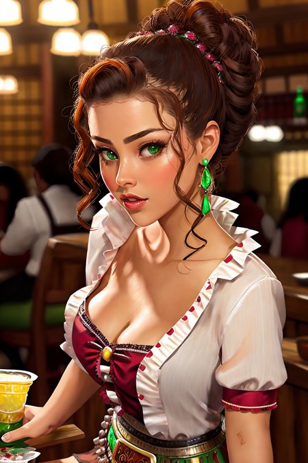sexy senorita mexican western RPG character painting brunette hair upsweep updo emerald button shirt at a cantina sitting bar tequila
(masterpiece:1.4) (best quality:1.4) (8k) (HDR) (wallpaper) (cinematic lighting) (sharp focus) (intricate) (ChloeNobodySD15:1.0)