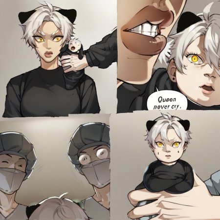 score_9_up, score_8_up, score_7_up,
mikus-concept, crying, seriousness, lying, 2people, BREAK, child, Text "Queen never cry", surprise, close-up, BREAK, 2people, shock, doctors, BREAK, child, seriousness, looking at viewer, BREAK, comic, mikus, (white hair, dark yellow eyes, yellow fur, dotted eyebrows, small eyebrows, white eyebrows, tail tip black, black ears, mouth mark), (black sweater, gray shorts)