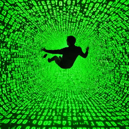man falling through computer world falling apart into binary code, mid air, falling though air, merge of dream and computer code realms, masterpiece, cinema lighting, modern ink, urbanpunk, aesthetic, matrix style, green numbers and letters