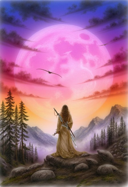 A woman standing on a hill at sunset. She is holding a sword and appears to be looking towards a large, glowing pink moon in the sky. The scenery around her includes trees, mountains, and flying birds. The overall atmosphere of the image is serene and slightly magical due to the vibrant colors and mystical setting.