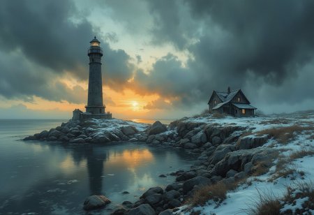 A moody coastal scene featuring a tall, weathered lighthouse on a small, rocky island. Surrounding the lighthouse is a tranquil, reflective body of water that captures the dark silhouette of the structure. The sky is dramatic, filled with swirling clouds in shades of deep blue and gray, interspersed with hints of orange and gold, suggesting a sunrise or sunset. The landscape is partially covered in snow, with tufts of grass poking through, adding a touch of warmth to the otherwise cold environment. An old, rustic house stands nearby, blending seamlessly into the eerie atmosphere of the scene., Wcol style,