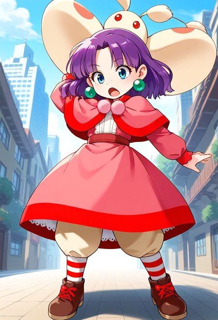 <lora:HyLper-Accelerate-PAseer:1> <lora:Fixhands_anime_bdsqlsz_V1:1>score_9, score_8_up, score_7_up, source_anime, intricate details, perfect anatomy BREAK
1girl, grandia-sue, purple hair, long hair, hair ribbon, blue eyes, green earrings, capelet, pink dress, grandia-sue outfit, striped socks, brown shoes,
Confused, Wide-open eyes, a slightly furrowed brow, and a slightly open mouth., outdoors, city, tokyo, dynamic pose, dynamic angle,
<lora:grandia-sue_XL(pony)v11:1>