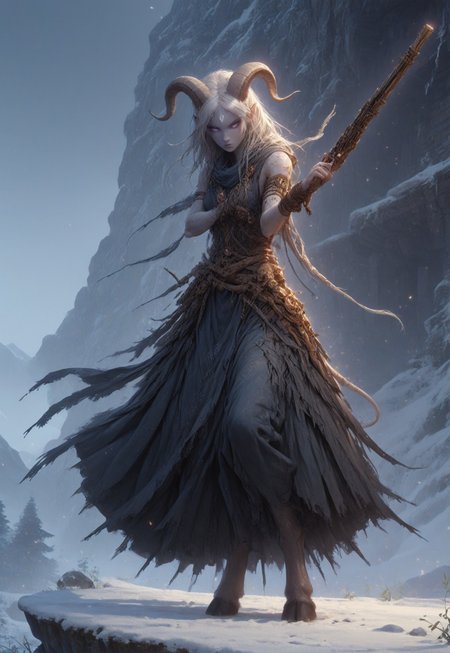(absurdres, best quality, masterpiece:1.4), score_9, score_8_up, score_7_up, score_6_up, detailed, detailed body, detailed face, world of warcraft, fantasy, <lora:add-detail-xl:1.5>, 

fFaceDetail, SkinDetail, ((female, draenei, tall, athletic arms, pale white skin, long white hair, purple eyes, no pupil, no sclera, long white tail), (h0rns, ram horns, white horns), 
(long fingers, purple fingernails, purple nail polish), hooves),  

GunMonk, shotgun, holding shotgun, dynamic pose, 

(long loose blue dress, blue silk scarf, tail under dress, simple armlet, small yellow gem pendant), 

outdoors, mountains, temple, snow, evening