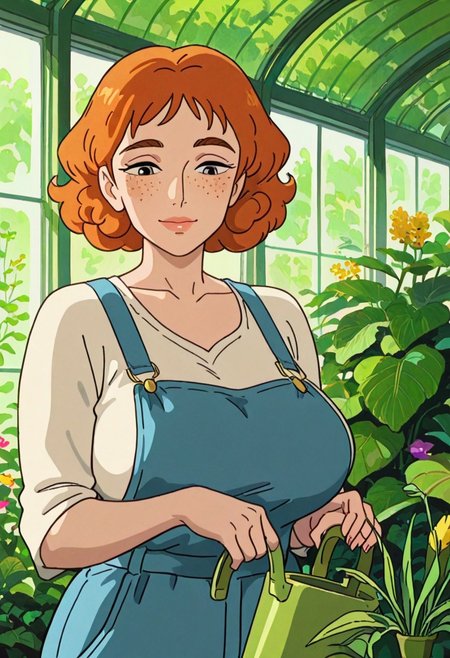 1woman, adult female, mature face, large breasts,  freckles, curly_orange_hair, overalls, watering_plants, greenhouse_jungle,  upper body, clean lines, 2d, 
artist:moriimee
