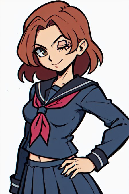 ((masterpiece), best quality), ((1girl)), comic style,  petite, small breasts, school uniform, light brown hair, midriff, looking at viewer, <lora:Melina:.8> melina \(elden ring\), one-eyed, one eye closed, scar, scar across eye,