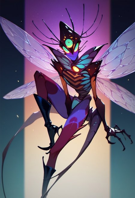 score_9, score_8_up, score_7_up, score_6_up, dark faerie, flying at night, beautiful face, heavy black boots, highly detailed, insect wings, monster boy, perfect eyes looking at viewer, cyan and magenta, colored skin,