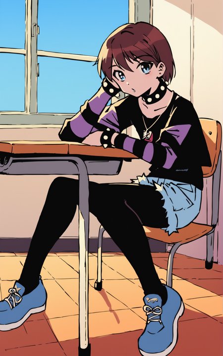 score_9, score_8_up, score_7_up,((best quality)), absurdres, ((full body)), <lora:BolivanteStyle:0.8>,  <lora:BiSmPXL:0.8>, BiSmPXL, spiked bracelets, bracelets, black shirt, black pantyhose, pantyhose, legwear under shorts, blue shorts, short over long sleeves, striped sleeves, spiked collar, short hair, blue eyes, brown hair, shoes, white background, sitting, desk, inside, school, classroom , blue sky
