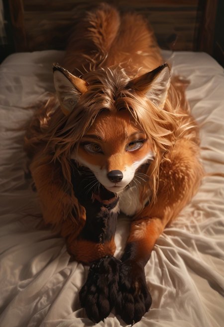 score_9, score_8_up, score_7_up, highres, (realistic:1.4), perfect sharpness, female (animal furry), very silky detailed fur, tail, paw, animal ears, wide shot
1girl, fox_girl, fox_ears, fox_tail, black choker,  medium breasts, furry body, black silk robe, long hair, lying on front, feet up, head on hands, looking at viewer, night, Moonlit