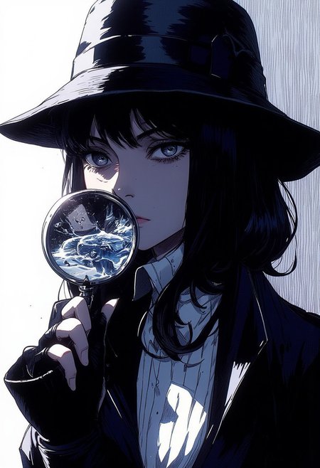 sbfte, de01, detail eyes, magic eyes, 8k.
A pen and ink style expressionism painting. Portrait of a female detective scowling into a magnifying glass. The glass is crystal clear, showing a water portal through the glass. The detective is wearing a black suit that emanates her shadowy figure. 
Anime art of Detective draped in shadows with a lighting that enhances her unique features. Ultra detailed artistic abstract.
