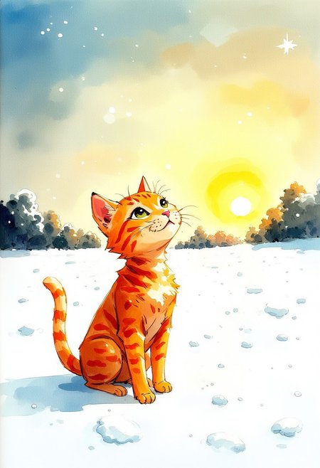 watercolor painting of a little ginger kitty sitting in a snowy field, looking up at falling snowflakes. A sun setting in the distance casts sun rays across the scene