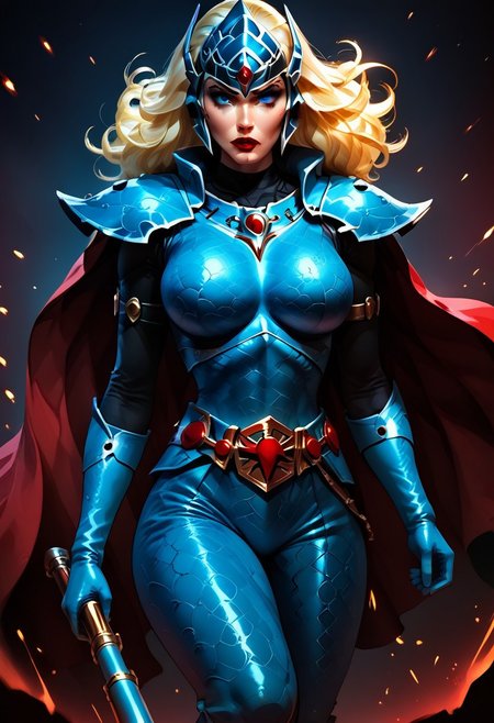 MILF, 32 years old, blonde hair, black leather vampire cape, large saggy breasts, sloppy wavy hair, sexy red boots, revealing outfit, red lips, mascara, eyelashes, hourglass figure, strong, big blue eyes, seductive, mature female, m1lfm3t3r, anezaki mamori, masterpiece, highest quality, realistic skin texture:1.5, high, tear shaped boobs, drow ranger, drow ranger \(dota2\), Masterpiece, 32k, photorealistic:1.4, score_9, score_8_up, score_7_up, small waist, wide hips, high cheekbones, oval face, slim waist, wide hips, thick thighs, full hips, DARK SIDE \(PICTURE BOOK\), NO FACE, colorful background, vivid colors, volumetric light, cinematic light, extremely detailed, bgbrda, top, bodysuit, helmet, armlet, bracelet, gloves, chainmail, skirt, boots, holding weapon, holding rod, eldar, armor, dynamic pose.