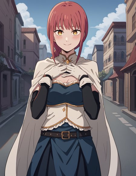 score_9, score_8_up, score_7_up, source_anime, <lora:chainsaw-man-makima-s1-ponyxl-lora-nochekaiser:1> makima, long hair, smile, bangs, yellow eyes, braid, red hair, braided ponytail, ringed eyes, medium breasts,, <lora:miki-sayaka-cosplay-ponyxl-lora-nochekaiser:1>, miki sayaka cosplay, miki sayaka (cosplay), belt, black sleeves, blue skirt, cape, cosplay, dress, gloves, gem, skirt, sleeveless, sleeveless dress, white cape, white gloves,, streets, outdoors, smile, blush, hands on own chest, cowboy shot, looking at viewer,