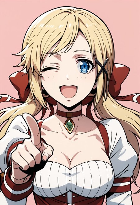 score_9, score_8_up, score_7_up, source_anime, 1girl, YUNA YUNIS, YUNA YUNIS REGULAR WEAR, 
1girl, solo, long hair, breasts, looking at viewer, smile, open mouth, blue eyes, blonde hair, simple background, hair ornament, ribbon, cleavage, medium breasts, hair ribbon, upper body, one eye closed, choker, pink background, pointing