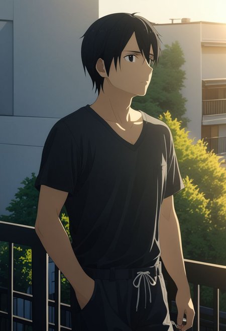 high resolution, professional photography, best quality, 1Boy, Kirigaya Kazuto, Black Hair, Black Eyes, overalldetail, home balcony, morning, soft sunlight, cigarette, coffee, v-neck t-shirt, shorts, potrait, looking away