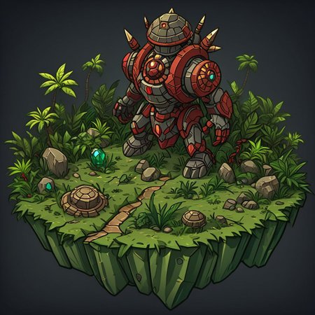 1 island, green to lime color,  jungle, many leafs,  lakes, swamp, (rocky stone ruins:0.8), overgrown wide, plain darkgray to gray background, mecha rusty parts, (((thick outlines:2.2))), (magic gemstone glowing red:1.2)