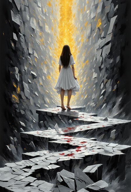 masterpiece, best quality, highres, realistic, best quality,
score_9, score_8_up, score_7_up, 
Artwork, surrealism, fantasy. combined. long winding path made of many sharp shards of glass. Isolated drops of blood can be seen on the shards of glass. At the end of the path there is a woman with long hair. dressed in a white dress that gives the woman an innocent impression. barefoot. without shoes. there is blood on the feet. turned away from the viewer. The background is an abstract mix of black, gray, white, gold and red tones.  dreamy, ethereal atmosphere in the background.
vivid color, vivid background
aidmamj6.1, aidmaimageupgrader