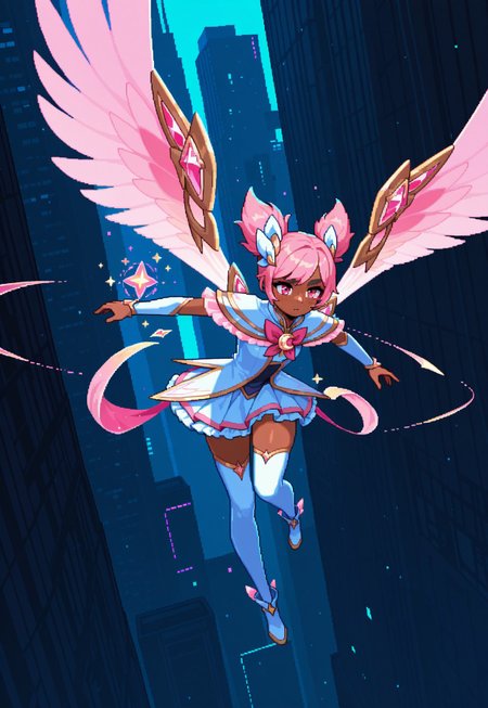score_9, score_8_up, score_7_up, score_6_up,high quality,masterpiece,uhd,dramatic effect,cinematic effect, ,pixel art, pixel

SG_T4liy4h, dark skinned, pink hair, pink magical girl, bowtie, pink eyes, twin drills, ribbon, armor trim, bodysuit, freckles, hair ornament, white thighhighs, pink wings, 

flying, futuristic city, neon color,