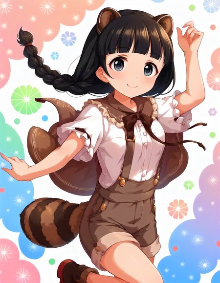 score_9,score_8_up,score_7_up,1girl,solo,jumping,looking at viewer,smile,patterned background,raccoon ears,raccoon tail,arms at sides,
<lora:ujiiemutsumi_ponyXLV6:0.8>,cgum,black hair,single braid,blunt bangs,grey eyes,
brown capelet,white shirt,brown overalls