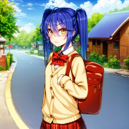 1girl, standing, roki_hirokix style, house, school uniform, school bag, twintails, car, carrying bag