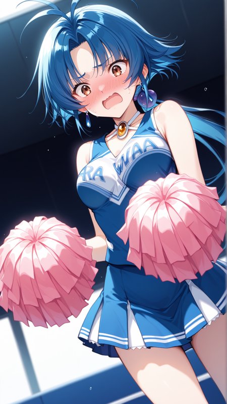 source_anime, general, best quality, masterpiece, 1girl,  <lora:Aria_Advance_ill_v1.1:1> aria_advance\(srw\), brown eyes, blue hair,medium breasts,long hair,low ponytail , jewelry,earrings,cheerleader, flustered, (embarrassed:0.8),  dynamic pose, dutch angle,