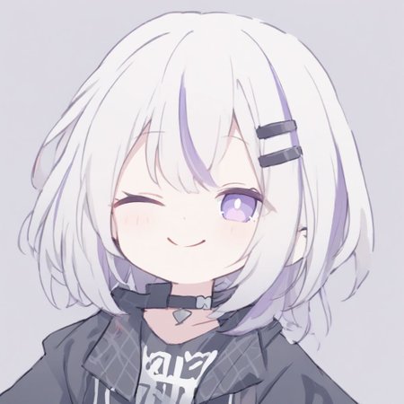 1girl,solo,purple eyes,multicolored hair,portrait,white hair,streaked hair,purple hair,short hair,looking at viewer,hair ornament, black jacket,hairclip,choker,bandaid,collar,closed mouth,chibi,so-style, smile, happy, laughing with eyes closed