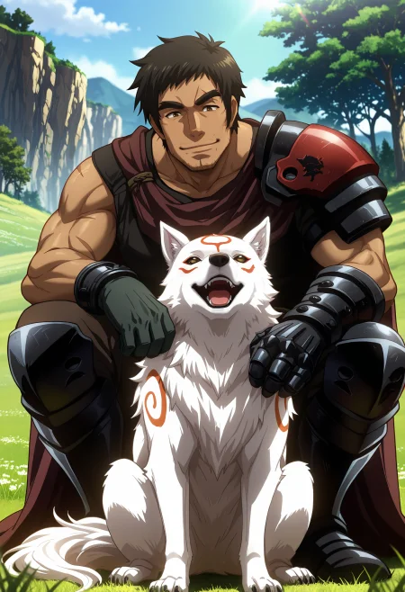 best quality, masterpiece, anime_screencap, hi res, best_quality, very aesthetic, absurdres, 8k, Kva1t,
1boy, male_focus, 
brown_eyes, black_hair, 
scar, manly,muscular, thick eyebrows, facial hair, stubble, sideburns,
smile, happy,
armor, cape, shoulder armor, pauldrons, shoulder pads, gauntlets, gloves, greaves, 
kuroinu emblem, squatting, bent down to pet his wolf,
amaterasu_\(okami\), wolf, animal, beautiful lighting, ray traced, outdoors, meadow, tree, cliff, day, sunshine