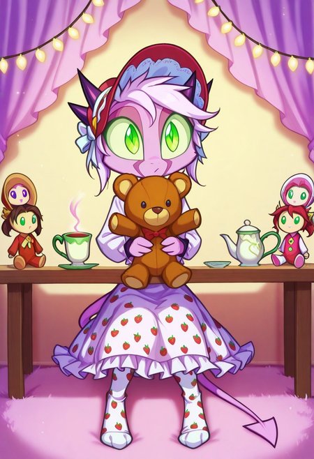 Dreamkeepers,1girl,Prelude_Namah,solo,demon tail, green eyes, horns, 
child, kid, 
sits at a tiny pastel-pink table in her room, surrounded by plush toys. She pours imaginary tea into a doll-sized cup, wearing a frilly lace bonnet and a dress with strawberry prints. Her mismatched socks peek out under the table, and her eyes widen with exaggerated seriousness as she “serves” a teddy bear. A stray cookie crumb clings to her cheek, and fairy lights twinkle overhead like gentle stars, stuffed_animal, tea_party, frilly_dress, bonnet, strawberry_print, mismatched_socks, indoors, fairy_lights,  dollhouse