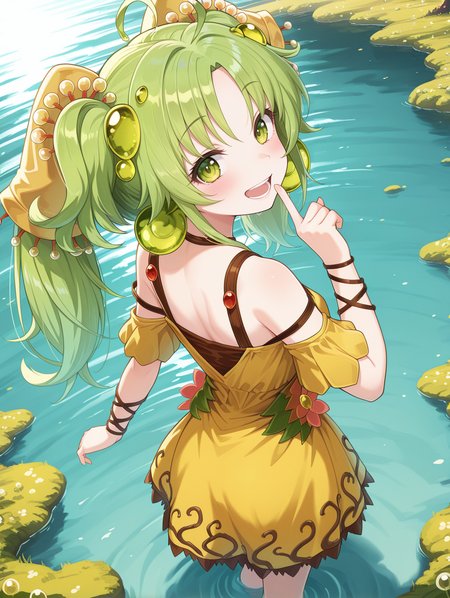 traptrix sera, 1girl, solo, open mouth, smile, looking back, :d, hand up, standing, teeth, blush, yellow hair ornament, green ball earrings, moss, brown choker, brown crop top, yellow off-shoulder dress, yellow puffy short sleeves, brown bracelet, dutch angle, from above, wading, water, from behind, index finger raised,
masterpiece,best quality,amazing quality,very aesthetic,absurdres,newest,<lora:Traptrix Sera illuXL v1:0.75>,